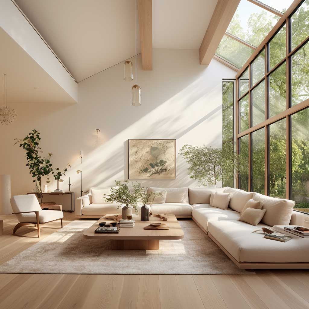 Warm minimalist living room with wooden furniture